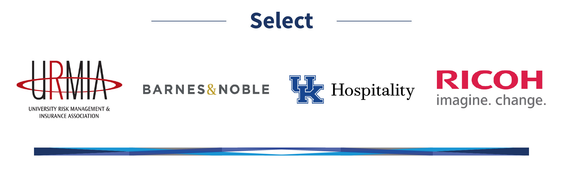 Logos of Partners at "Select" status. URMIA, Barnes & Noble, UK Hospitality, and Ricoh.